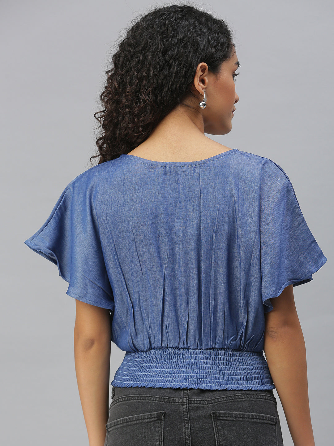 Women Solid Blue Cinched Waist Top