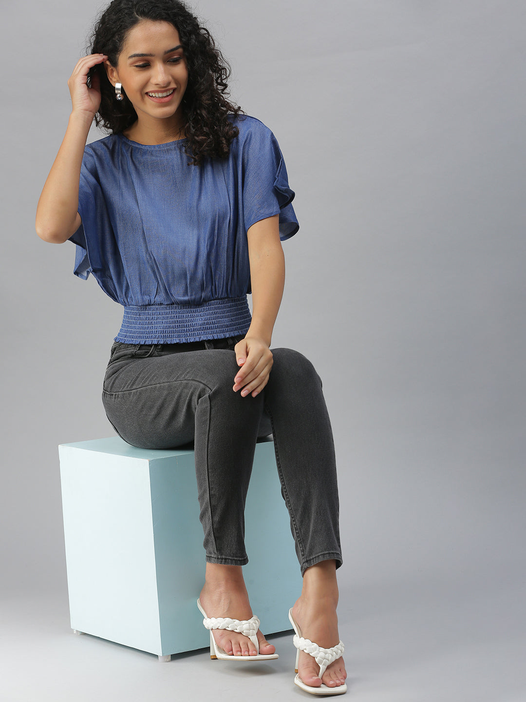 Women Solid Blue Cinched Waist Top