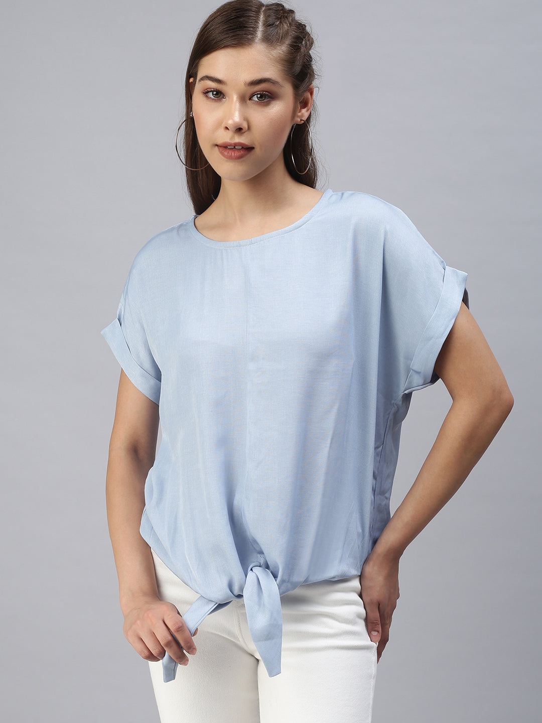 Women Solid Blue Cinched Waist Top