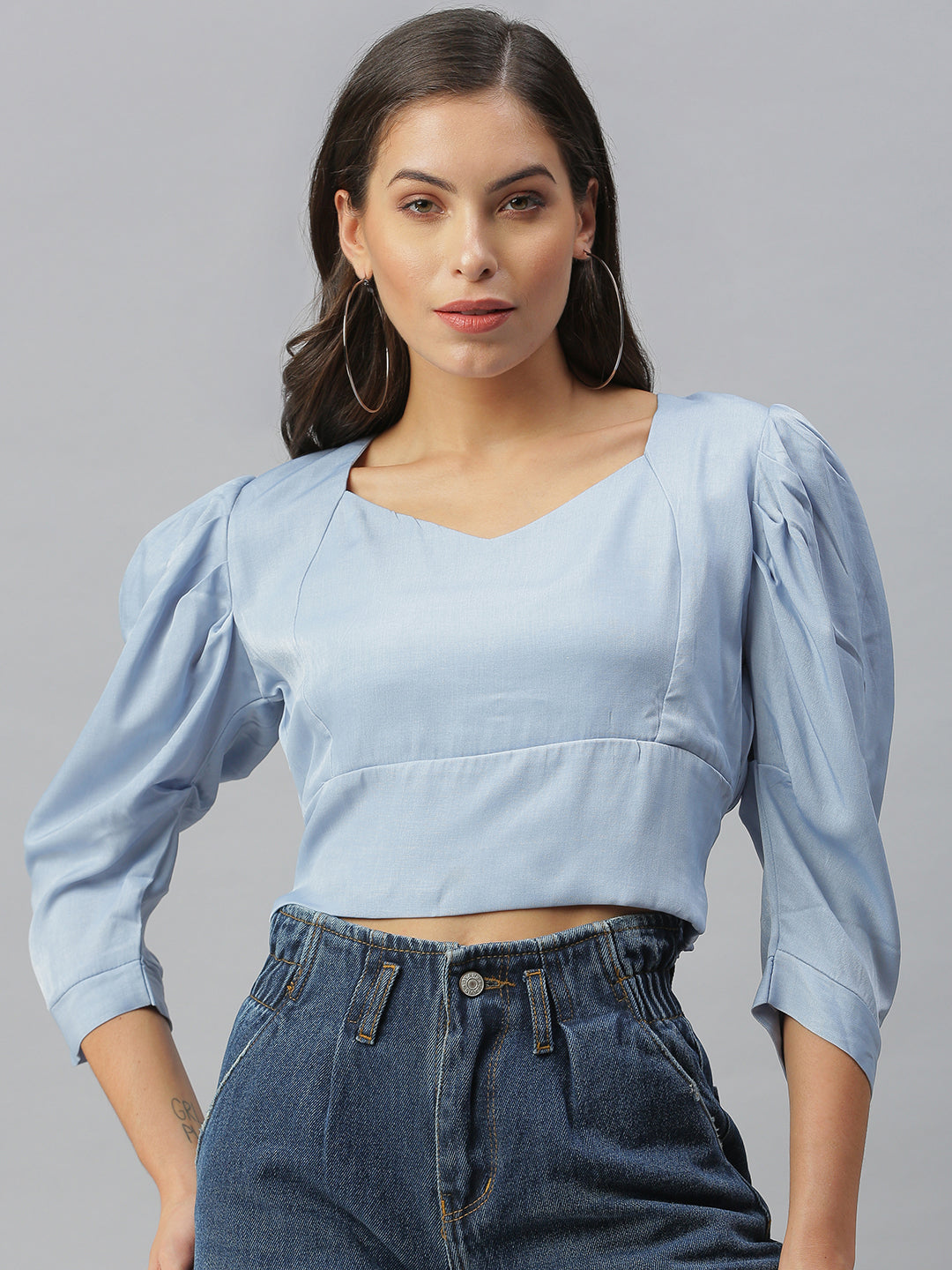 Women Sweetheart Neck Solid Blue Cinched Waist Top