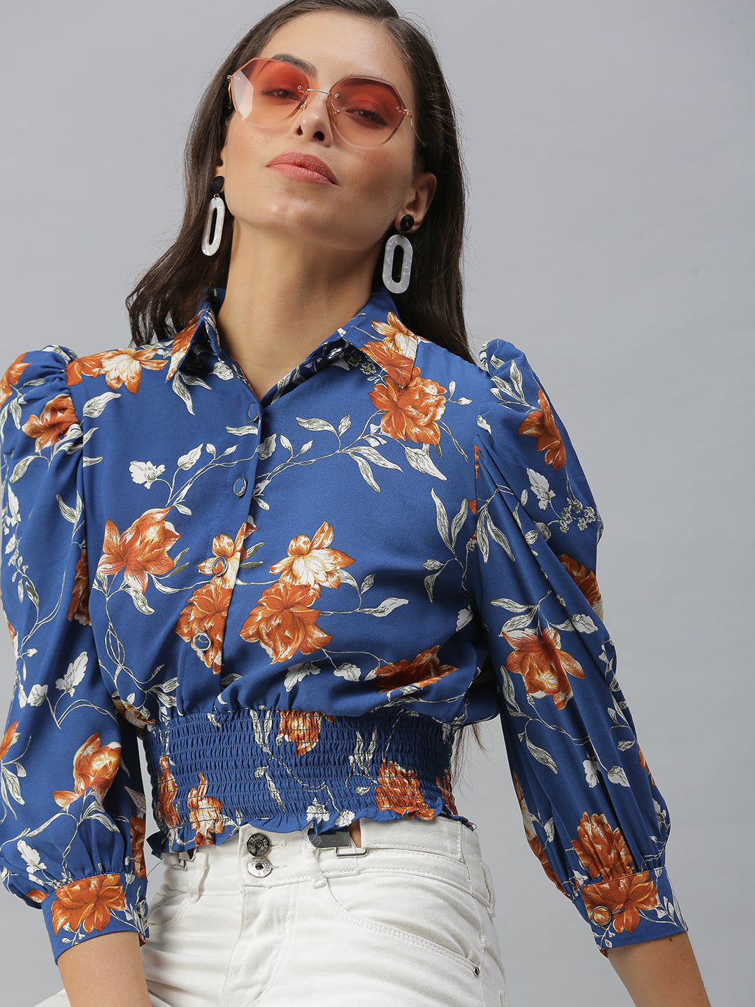 Women Shirt Collar Printed Blue Cinched Waist Top