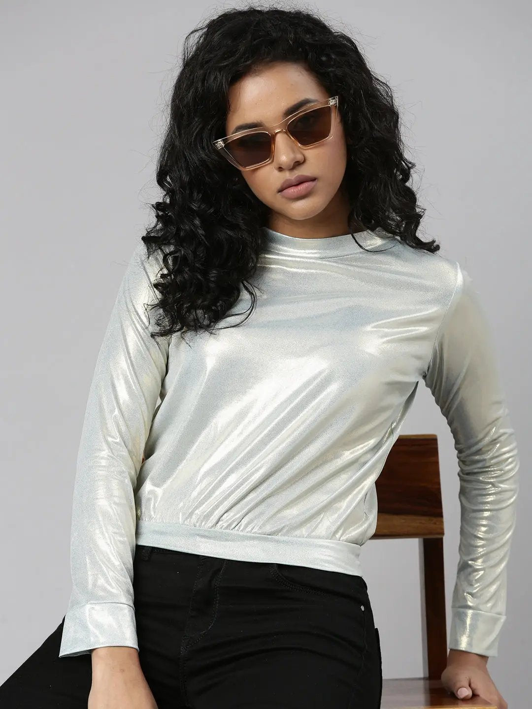 Women's Metallic Solid Blouson Top
