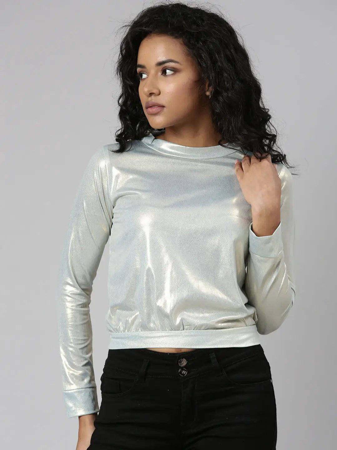 Women's Metallic Solid Blouson Top
