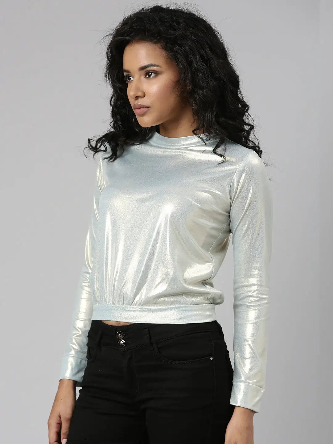 Women's Metallic Solid Blouson Top