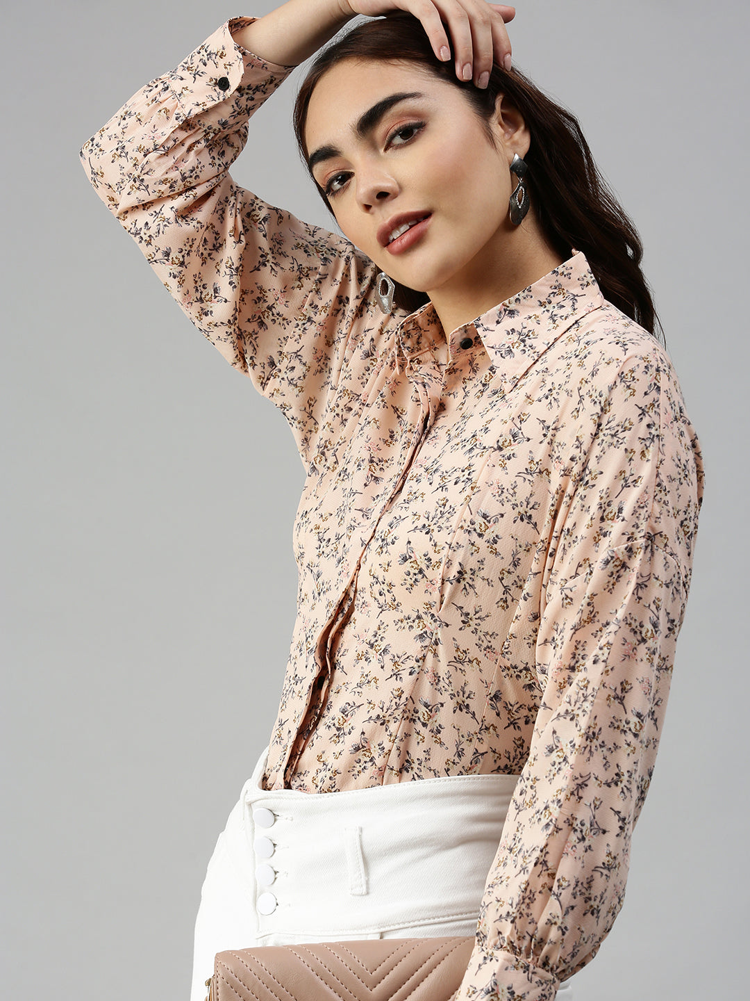 Women Slim Fit Peach Floral Shirt