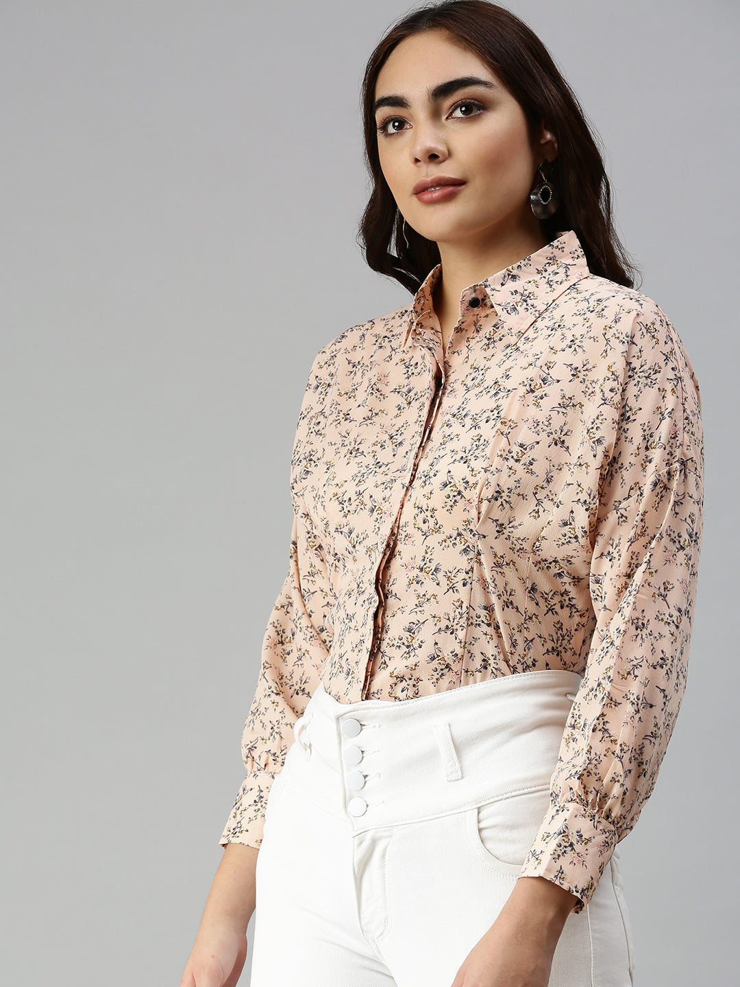 Women Slim Fit Peach Floral Shirt