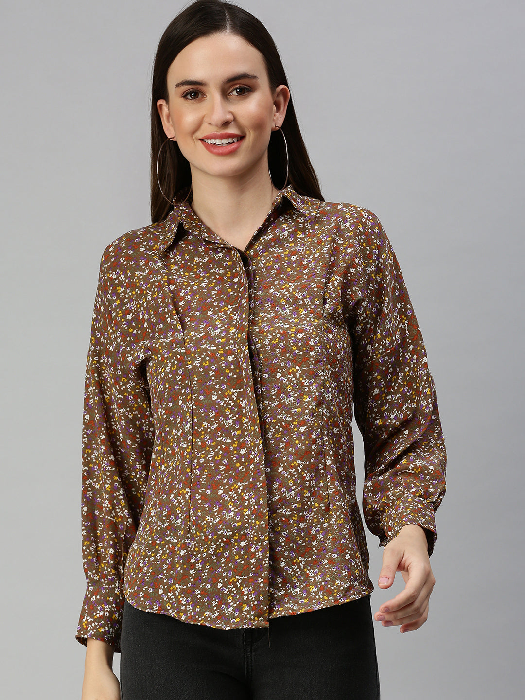 Women Slim Fit Brown Floral Shirt