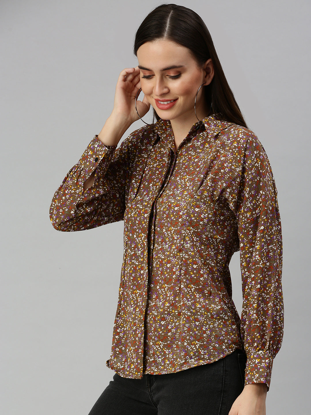 Women Slim Fit Brown Floral Shirt