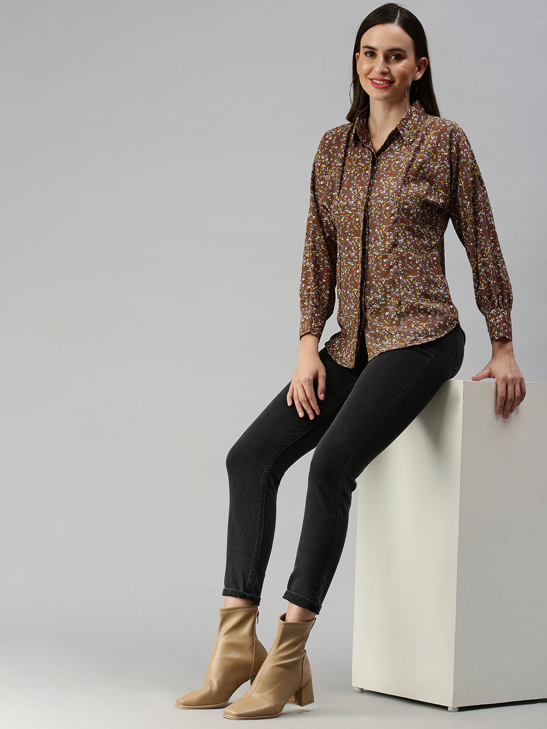 Women Slim Fit Brown Floral Shirt