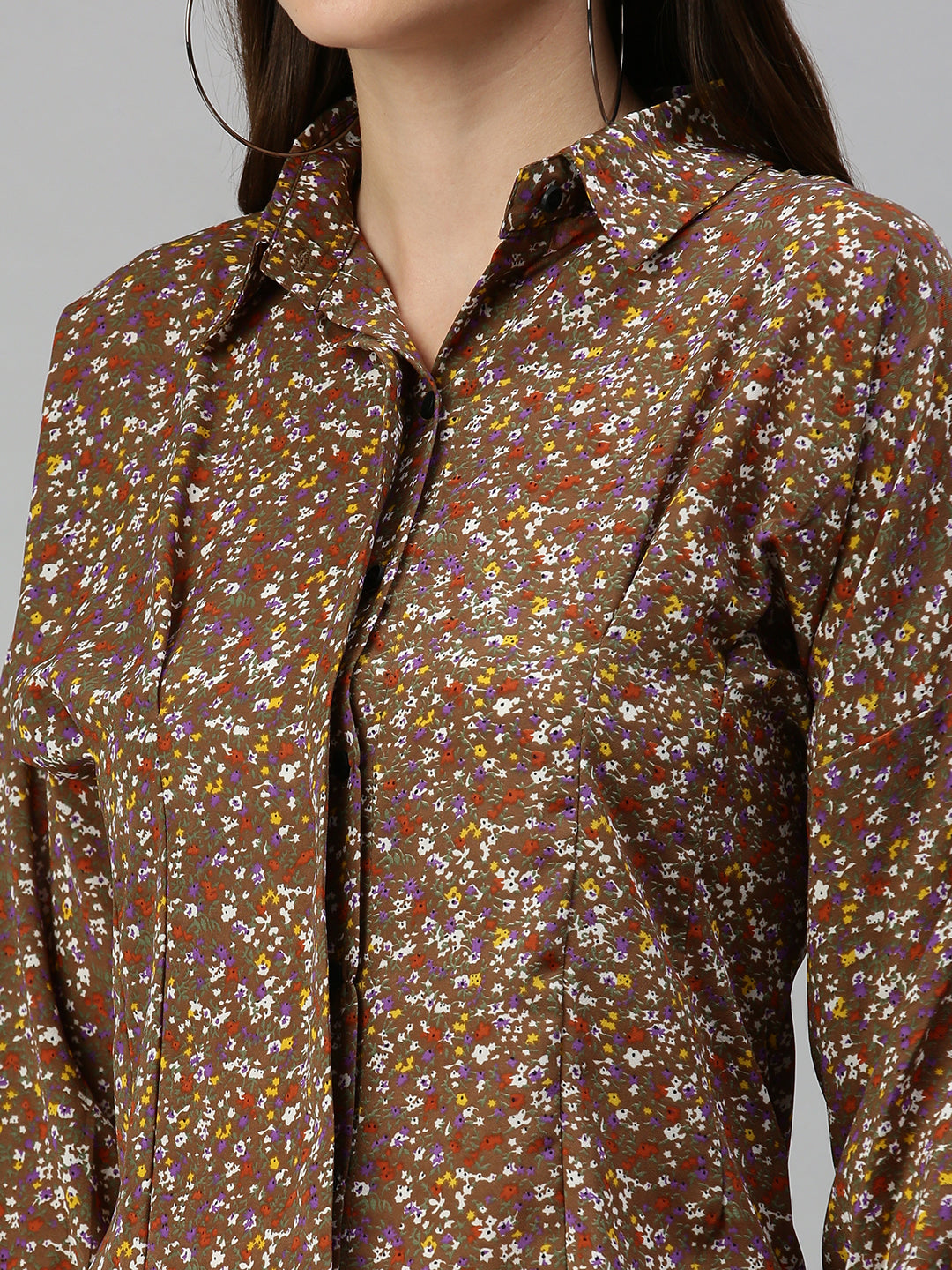 Women Slim Fit Brown Floral Shirt