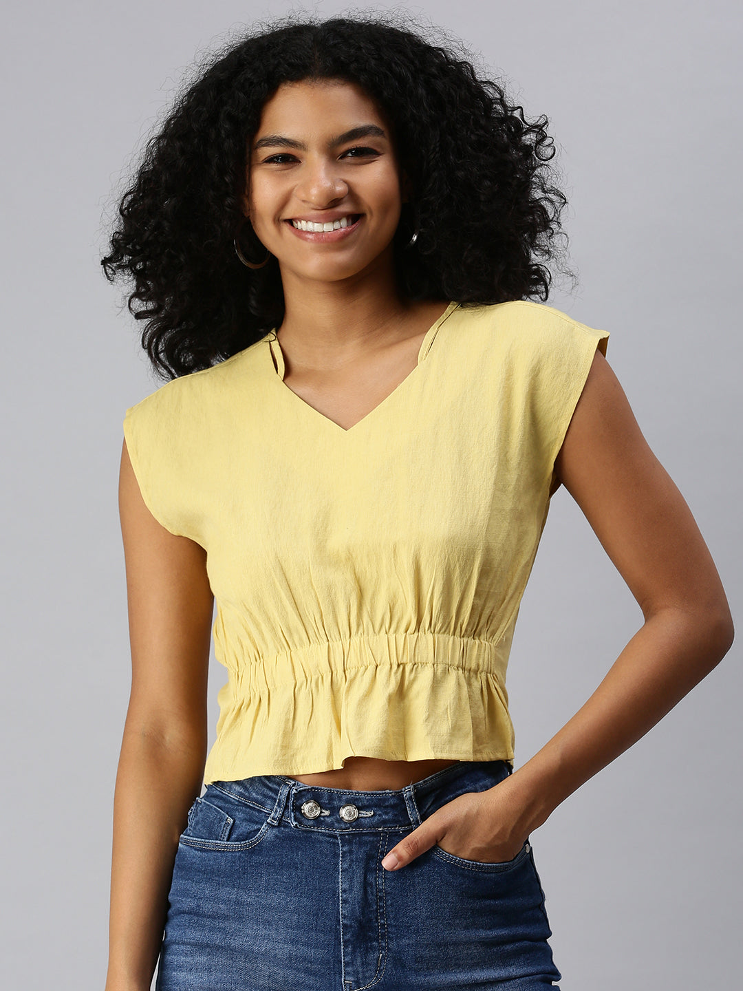 Women V-Neck Solid Yellow Cinched Waist Top