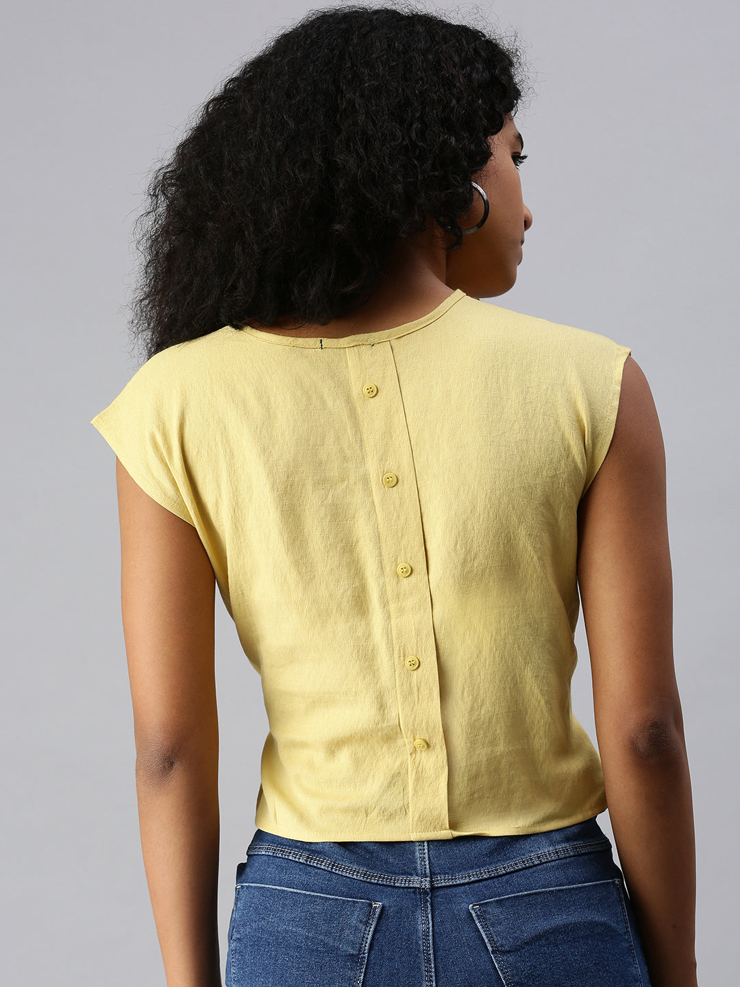 Women V-Neck Solid Yellow Cinched Waist Top