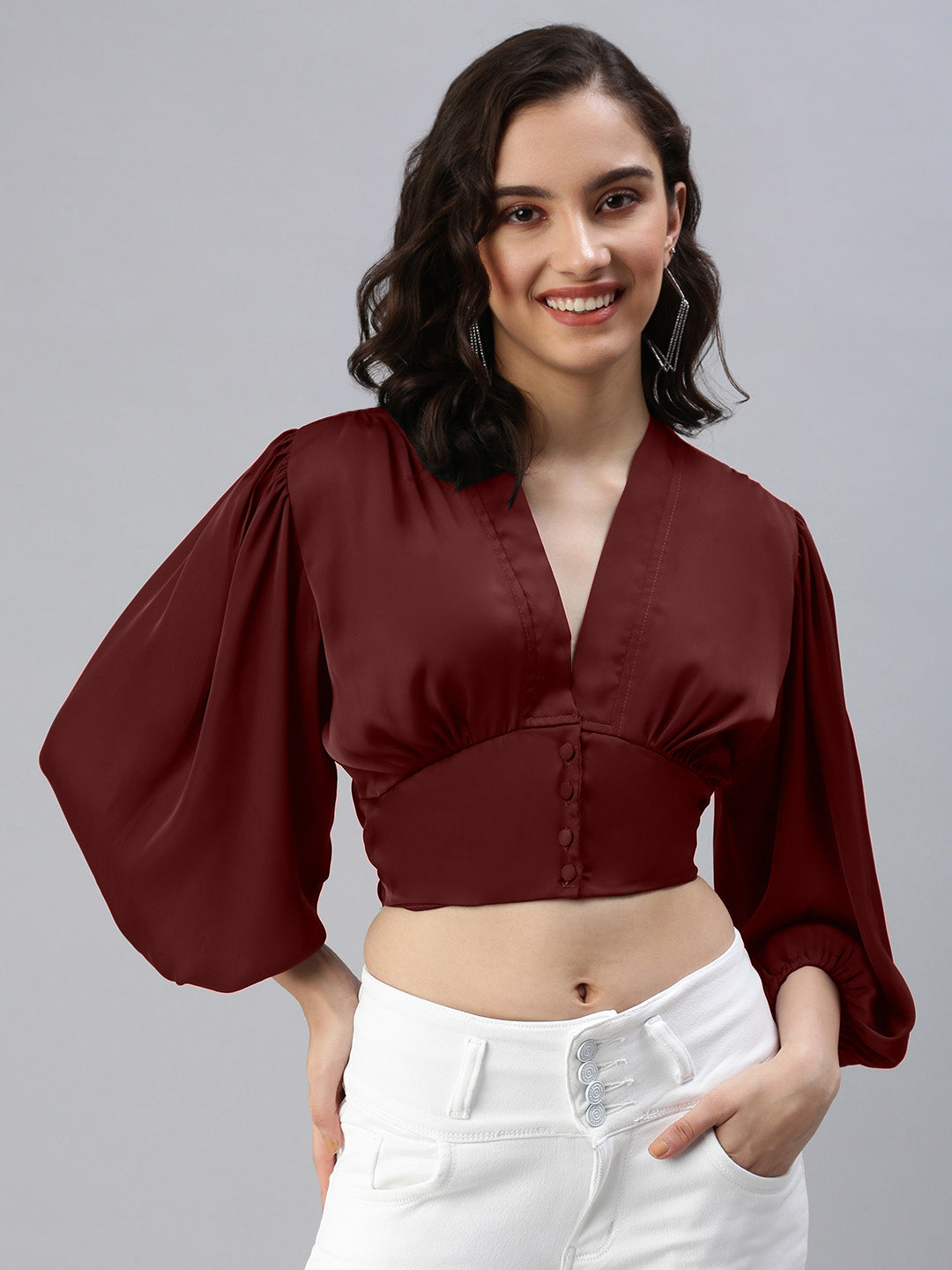 Women Solid V-Neck Maroon Crop Top