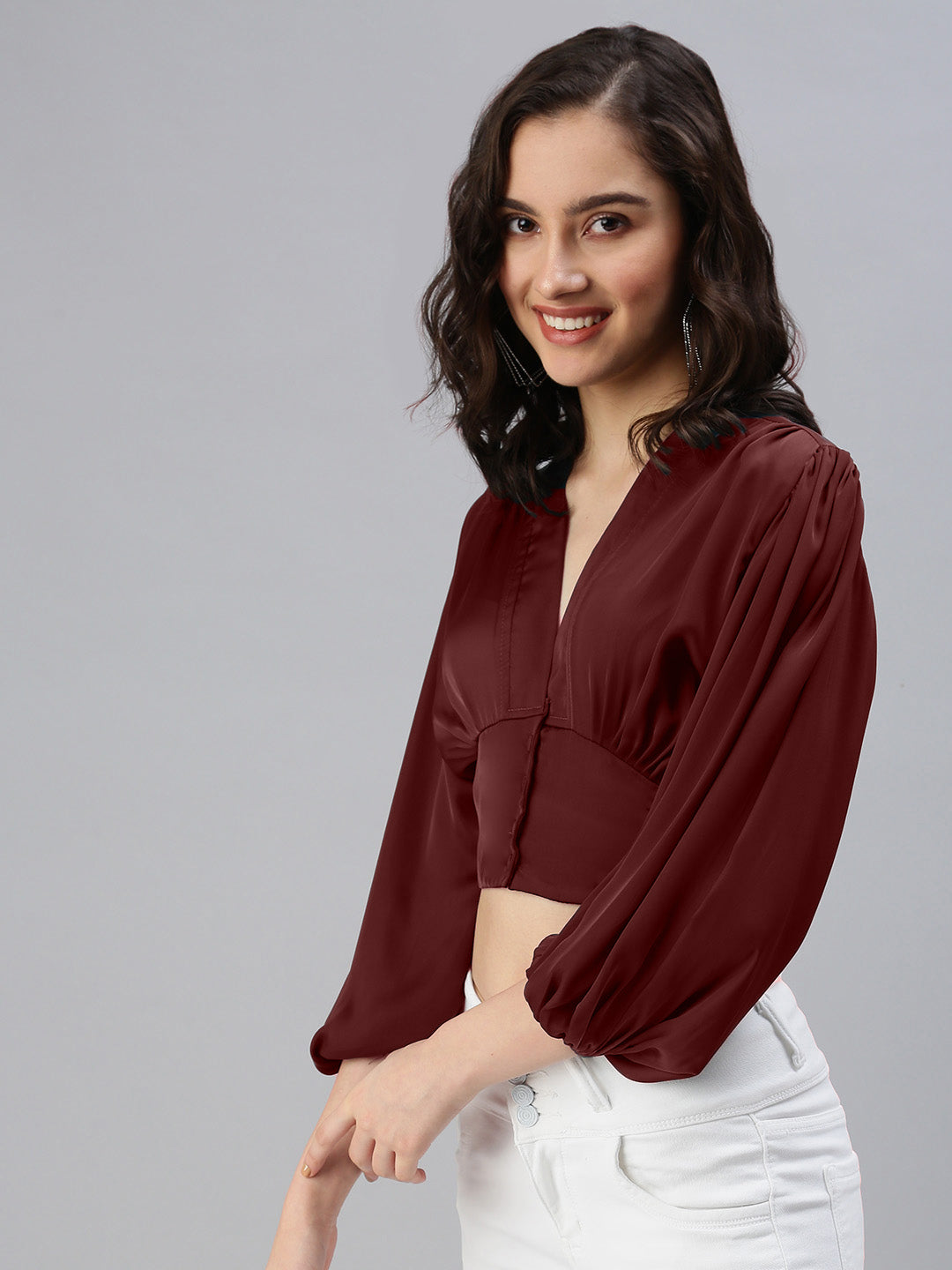 Women Solid V-Neck Maroon Crop Top