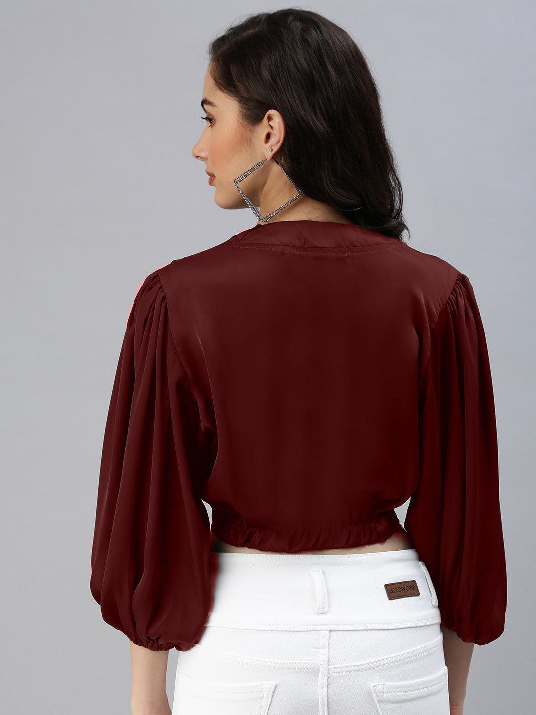 Women Solid V-Neck Maroon Crop Top