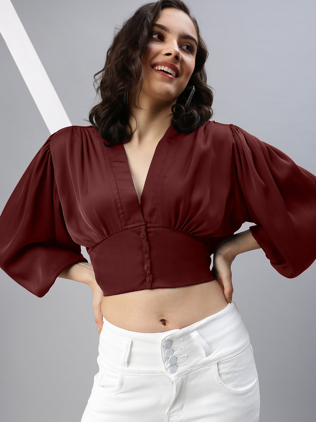 Women Solid V-Neck Maroon Crop Top