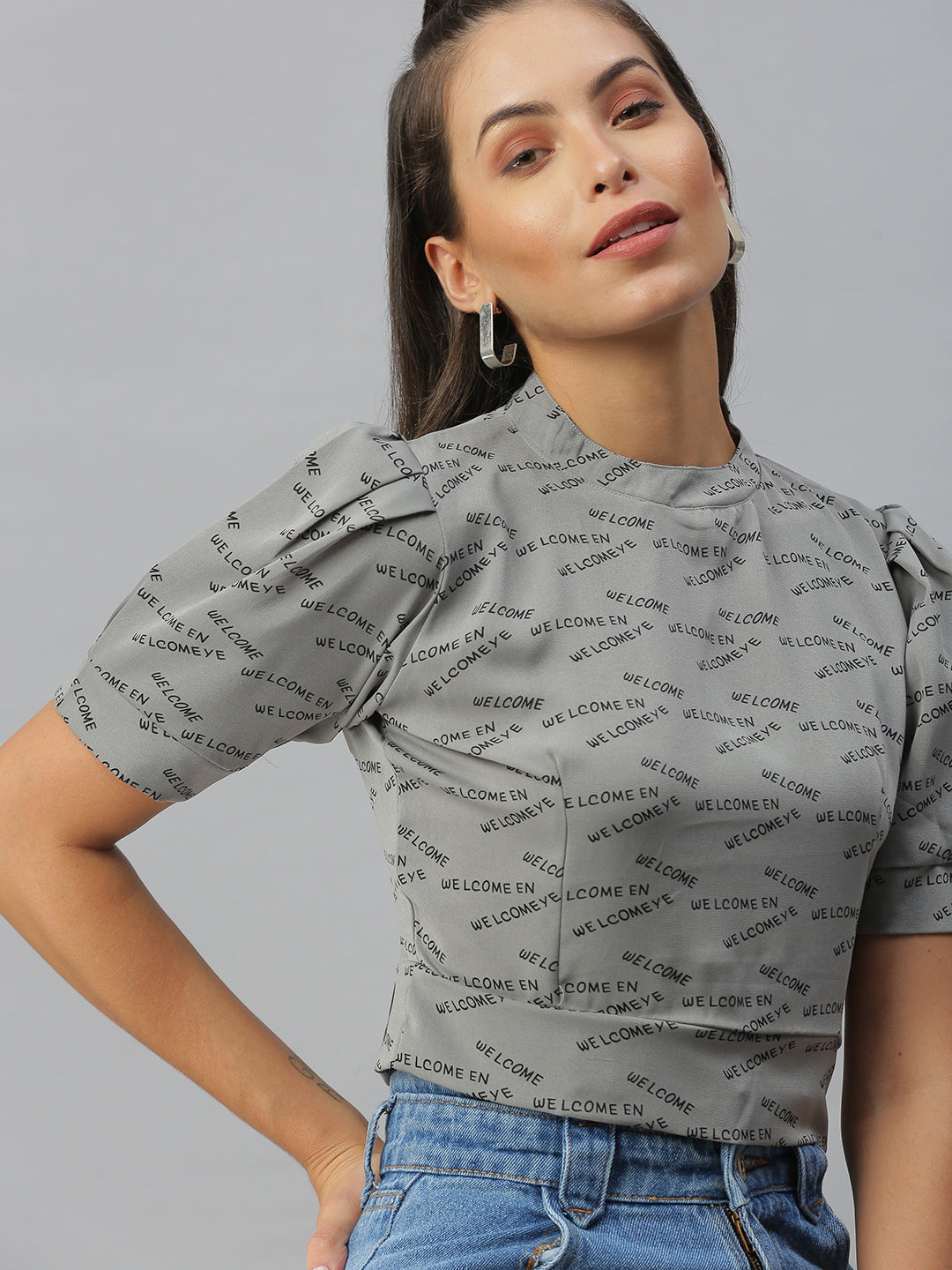 Women Printed Grey Cinched Waist Top