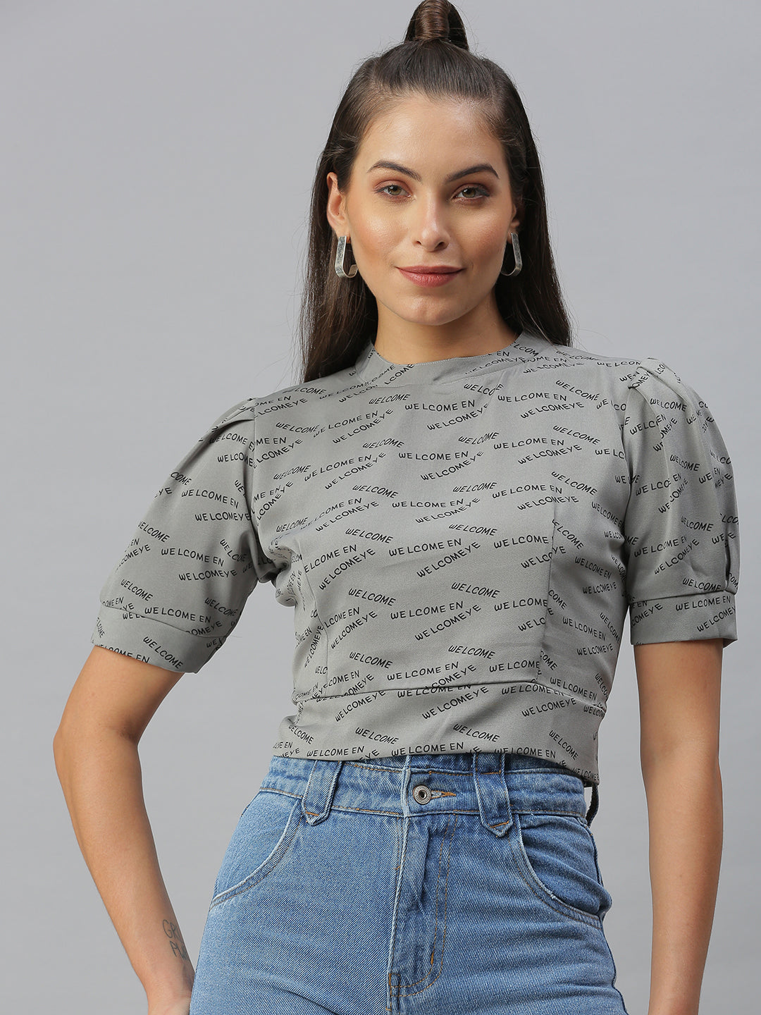 Women Printed Grey Cinched Waist Top