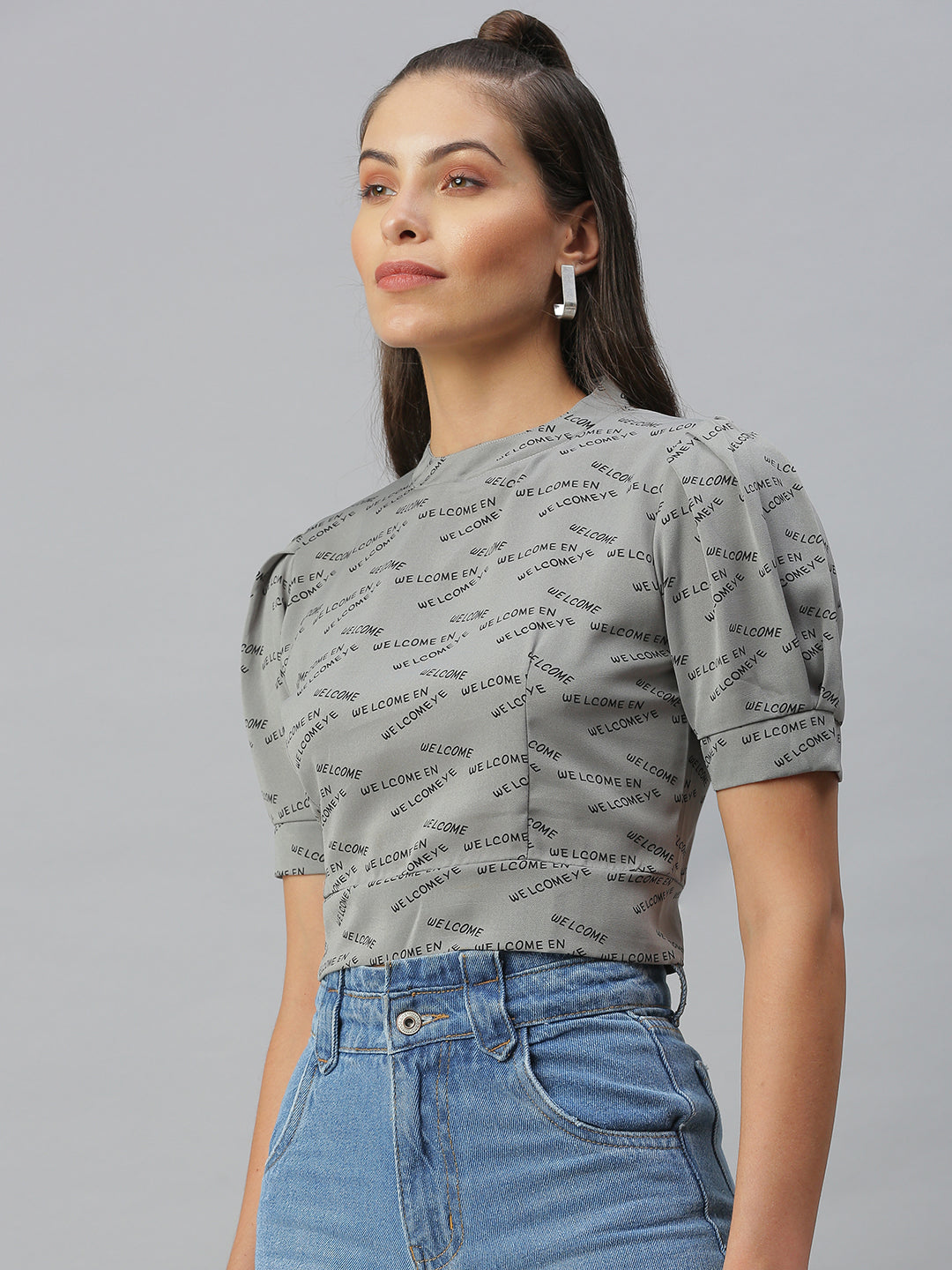 Women Printed Grey Cinched Waist Top