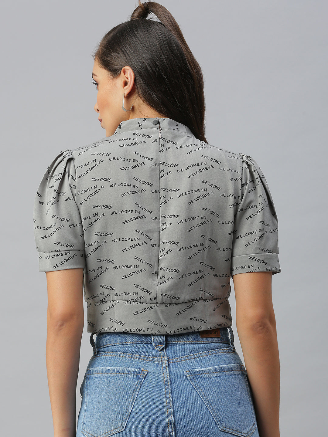 Women Printed Grey Cinched Waist Top