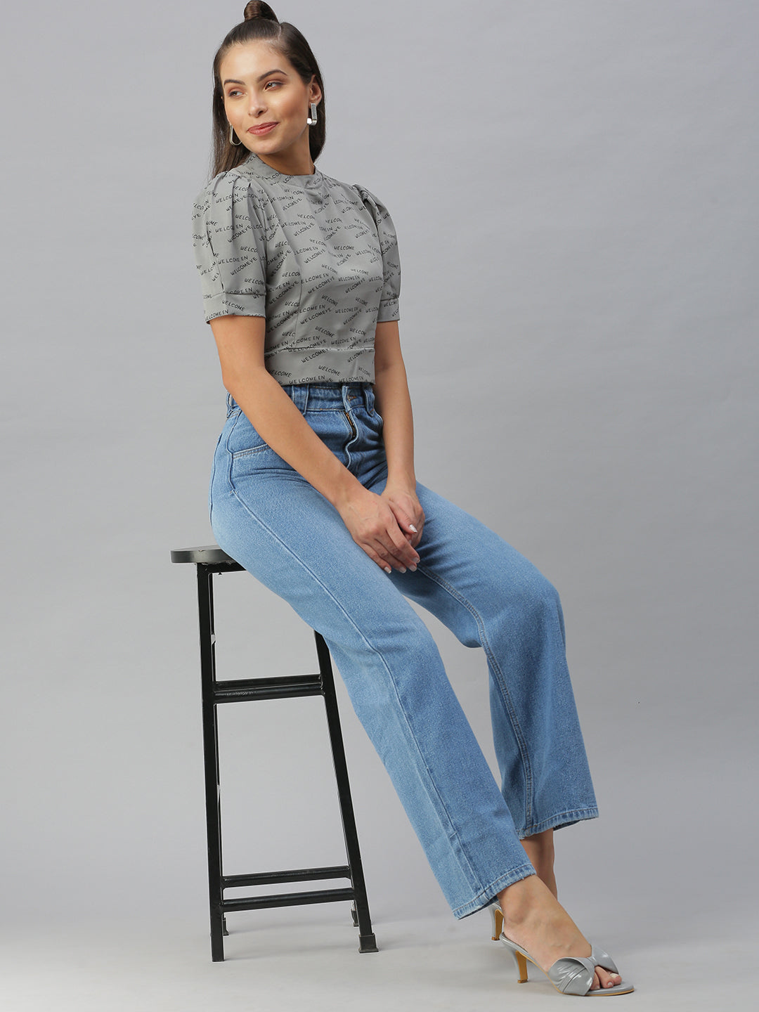 Women Printed Grey Cinched Waist Top