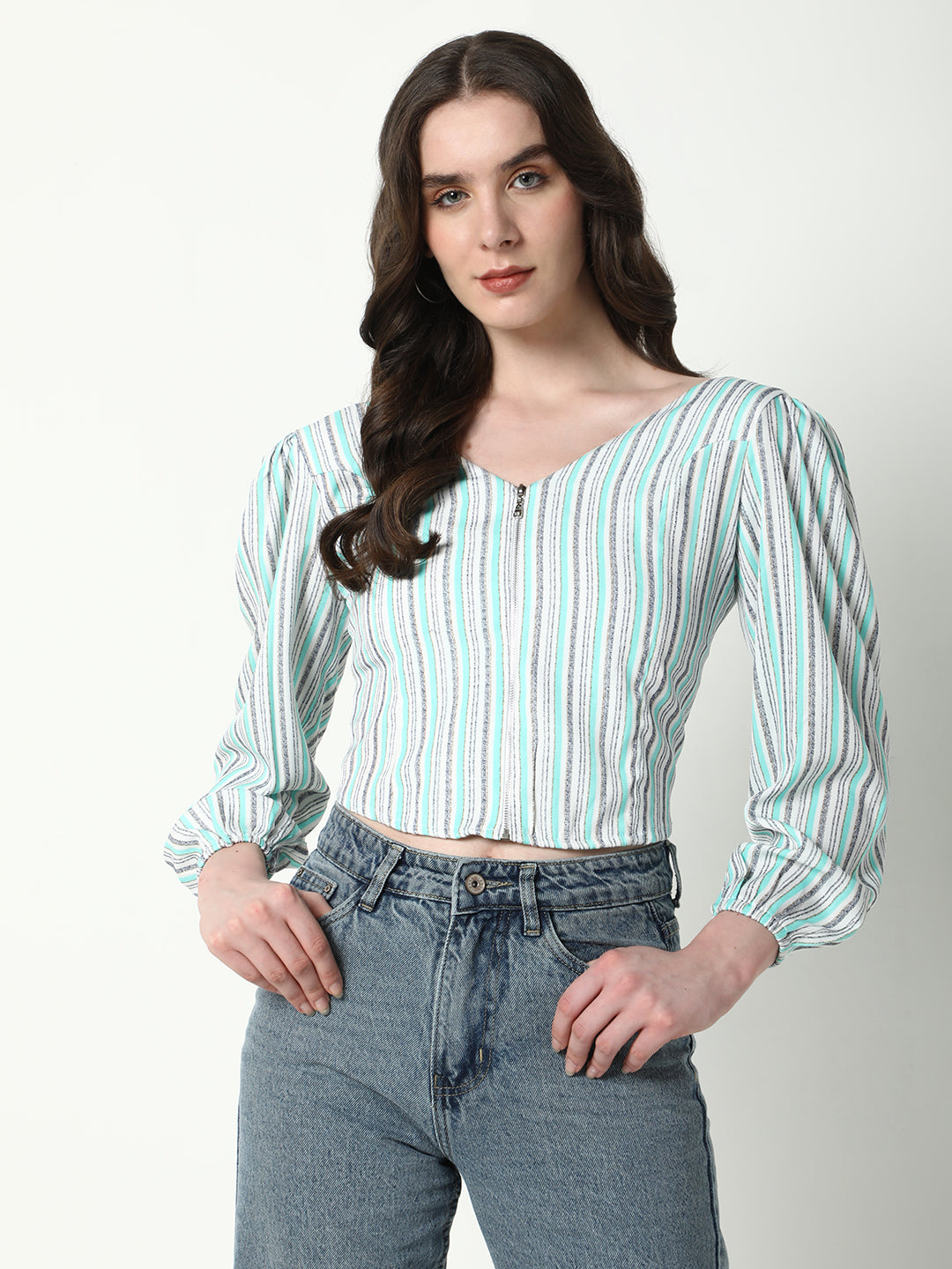 Women Sea Green Striped Fitted Crop Top