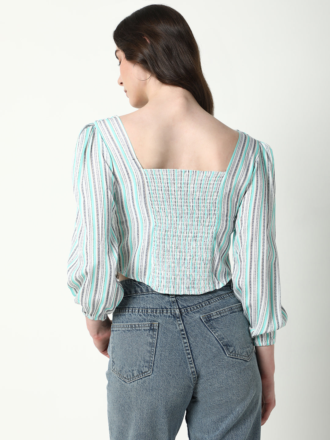 Women Sea Green Striped Fitted Crop Top