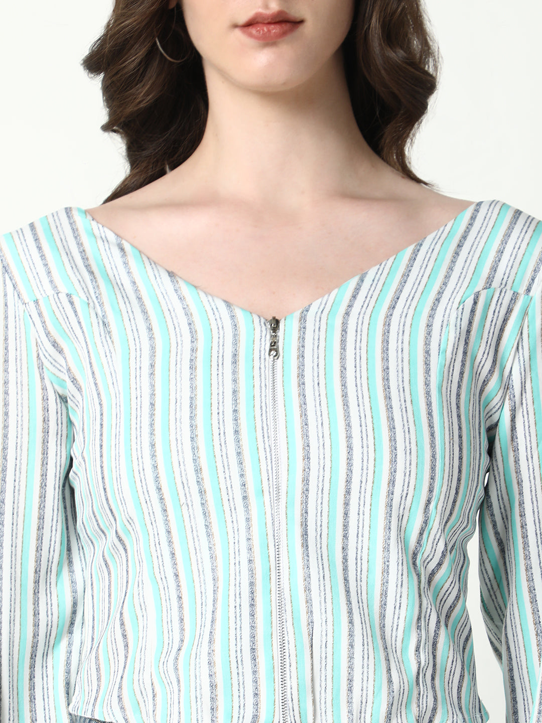 Women Sea Green Striped Fitted Crop Top