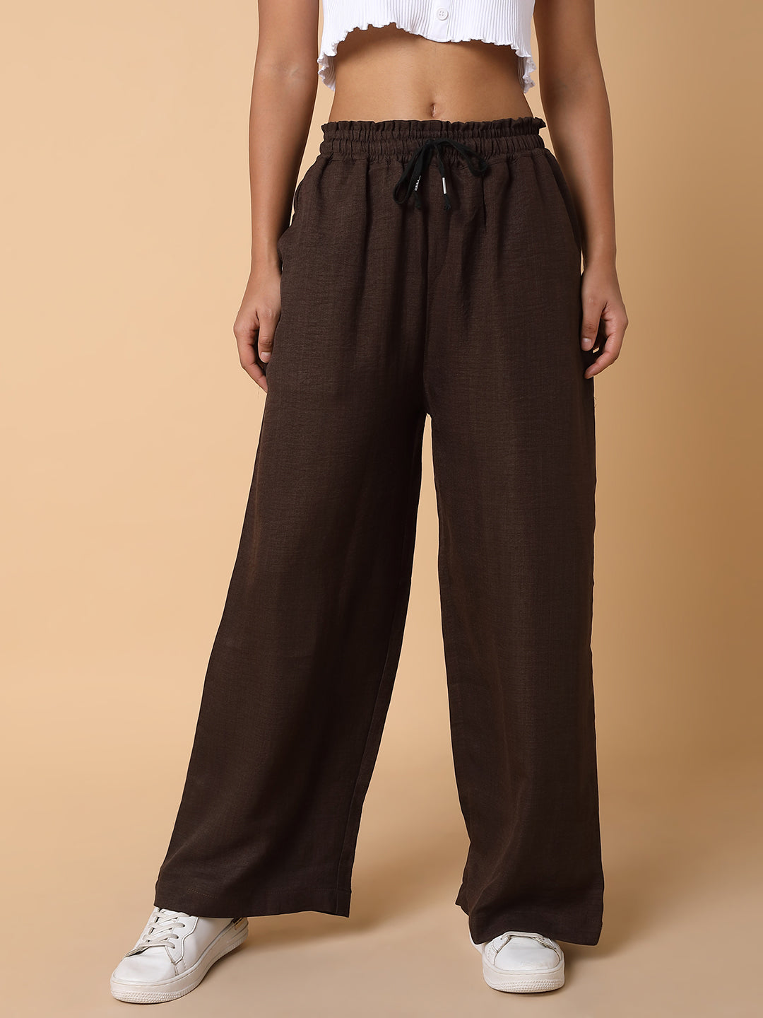 Women Flat Front Solid Brown Trousers