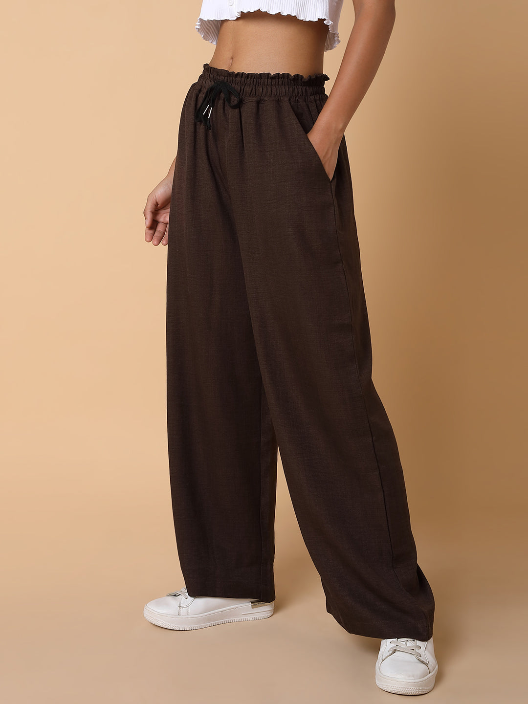 Women Flat Front Solid Brown Trousers