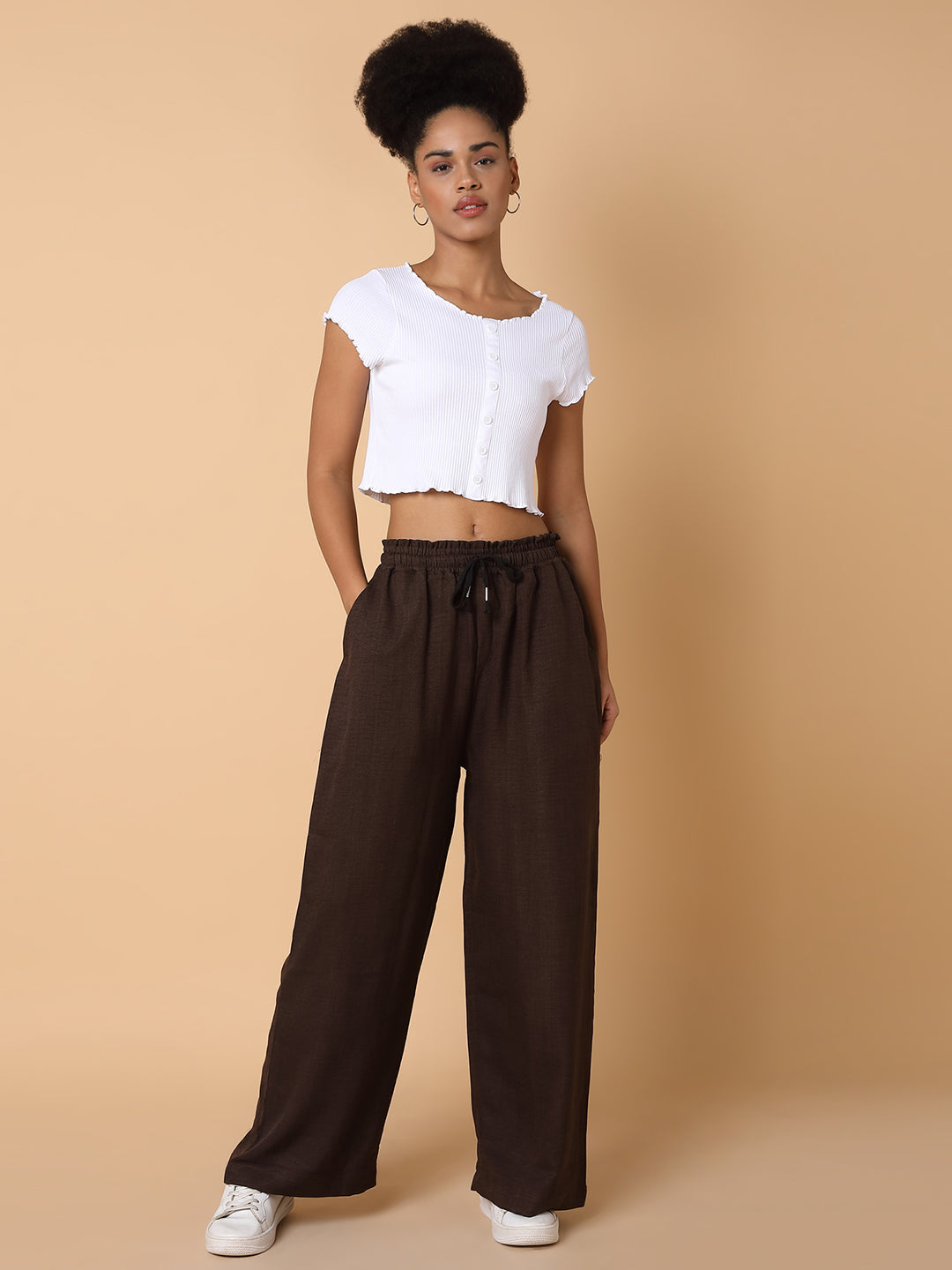 Women Flat Front Solid Brown Trousers