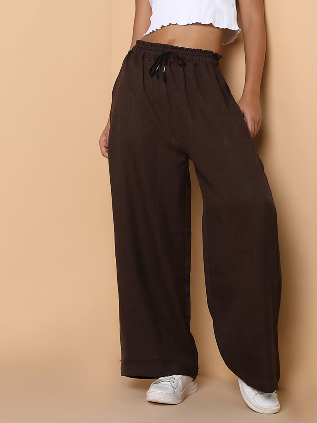 Women Flat Front Solid Brown Trousers