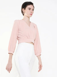 Women's Peach Puff Sleeve Crepe Cinched Waist Crop Top