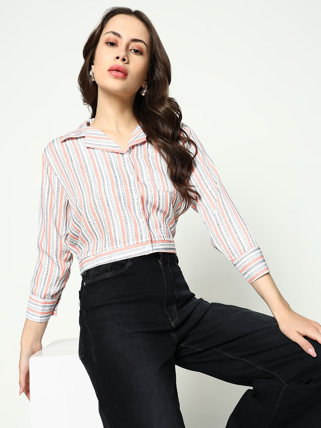 Women Peach Striped Shirt Style Top