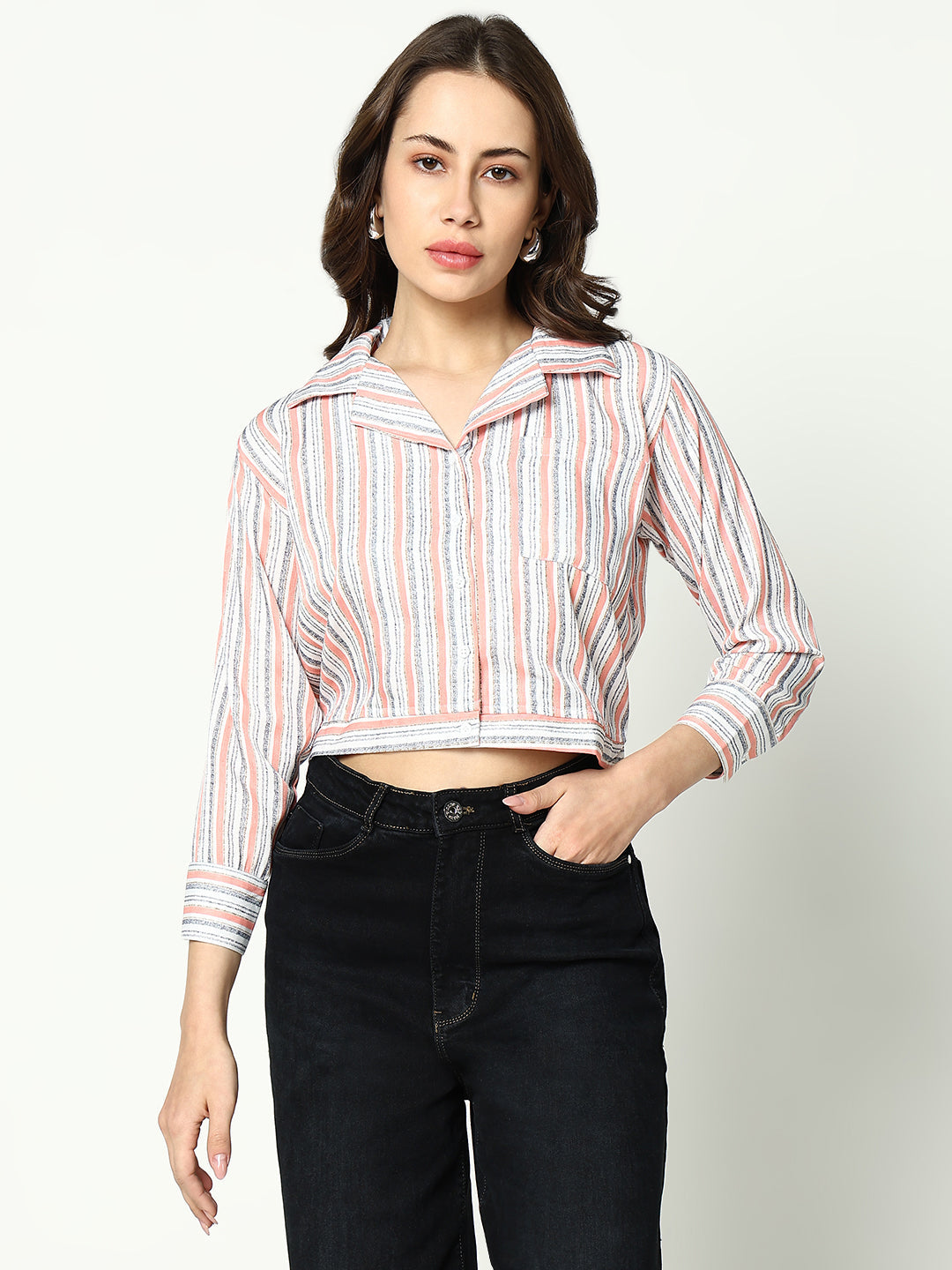 Women Peach Striped Shirt Style Top