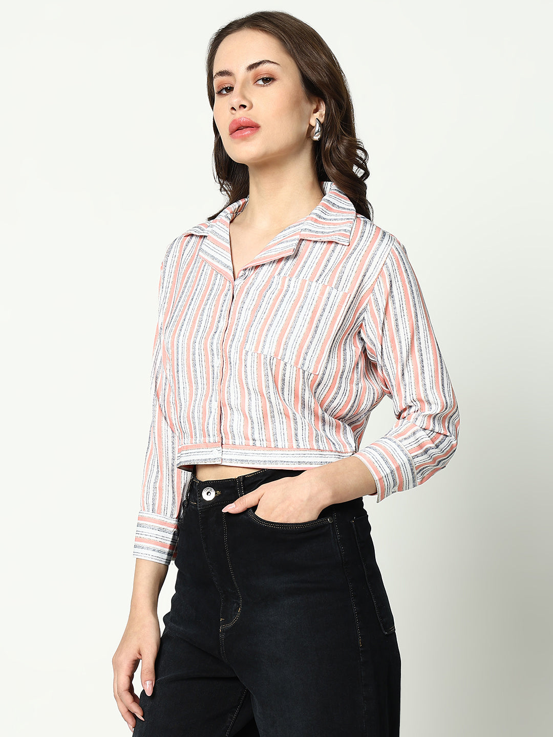 Women Peach Striped Shirt Style Top