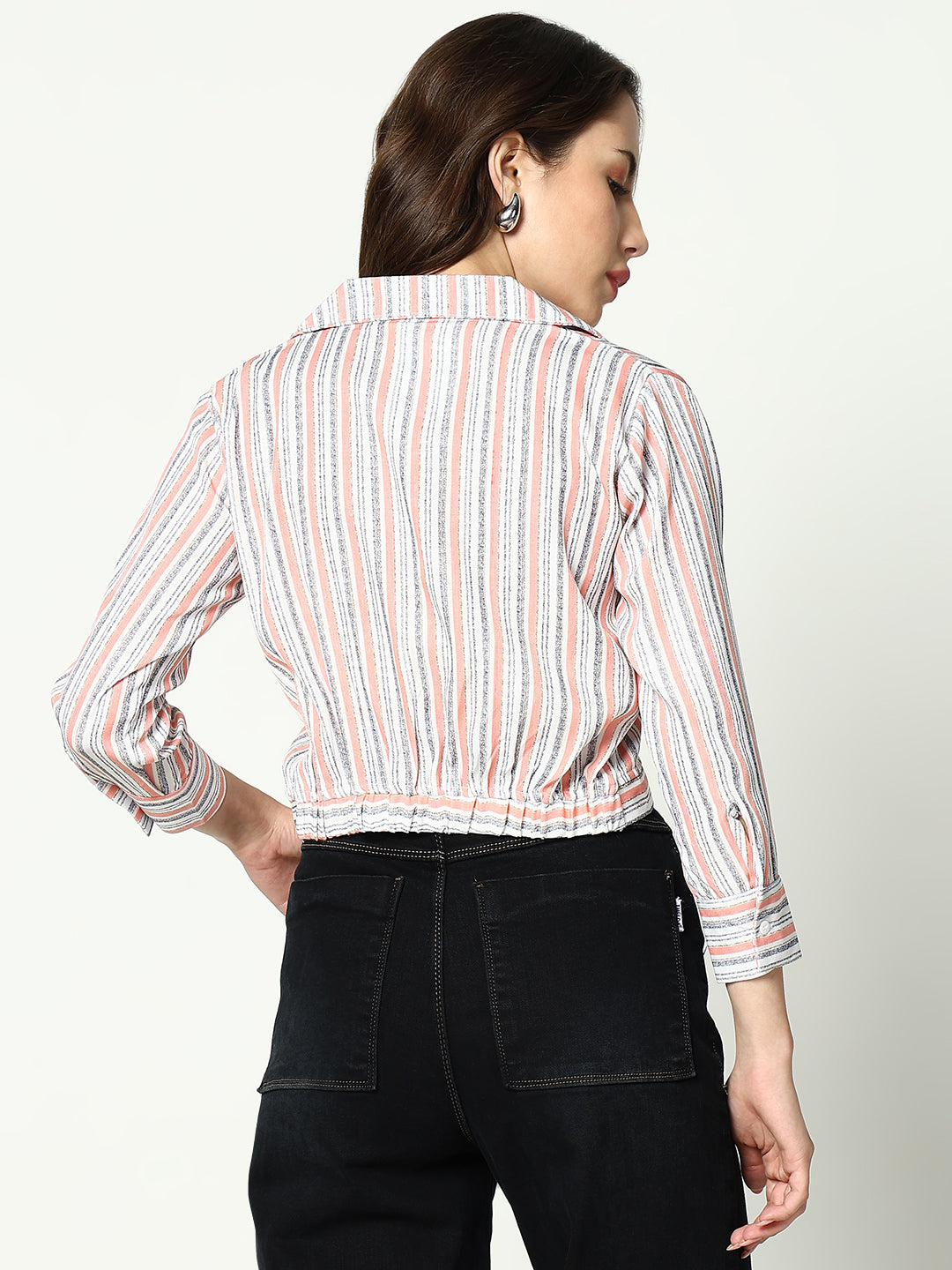 Women Peach Striped Shirt Style Top