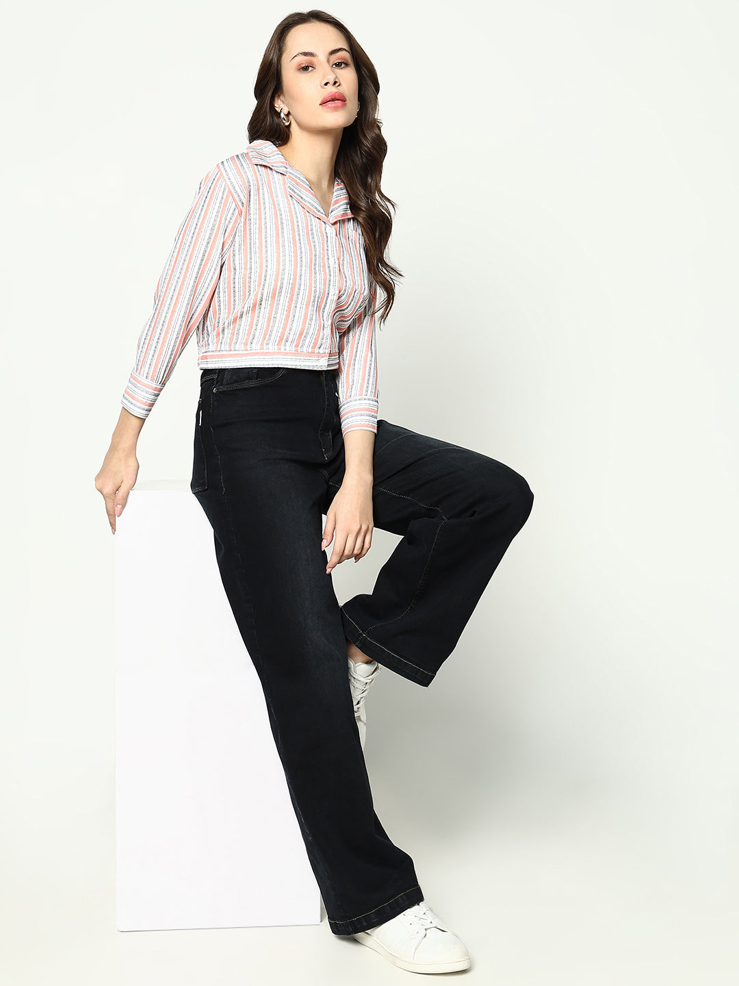 Women Peach Striped Shirt Style Top