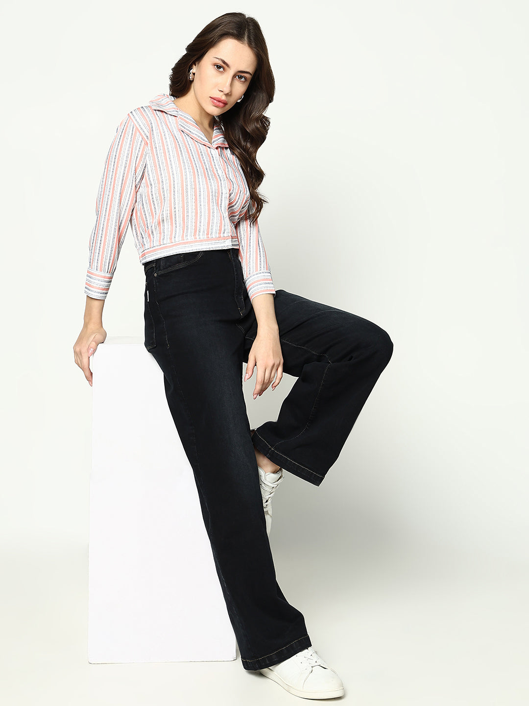 Women Peach Striped Shirt Style Top