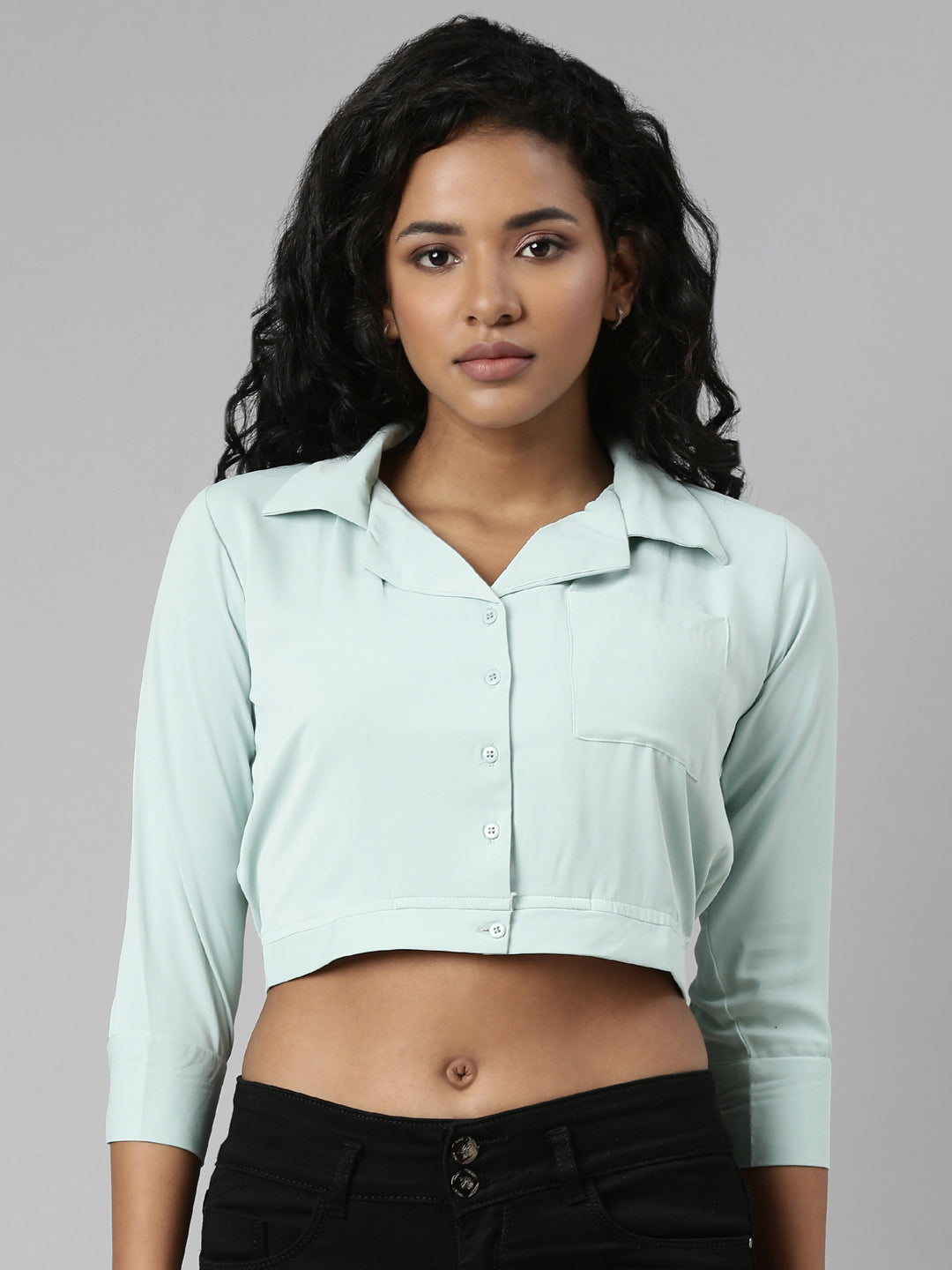 Women Sea Green Solid Blouson Crop Top