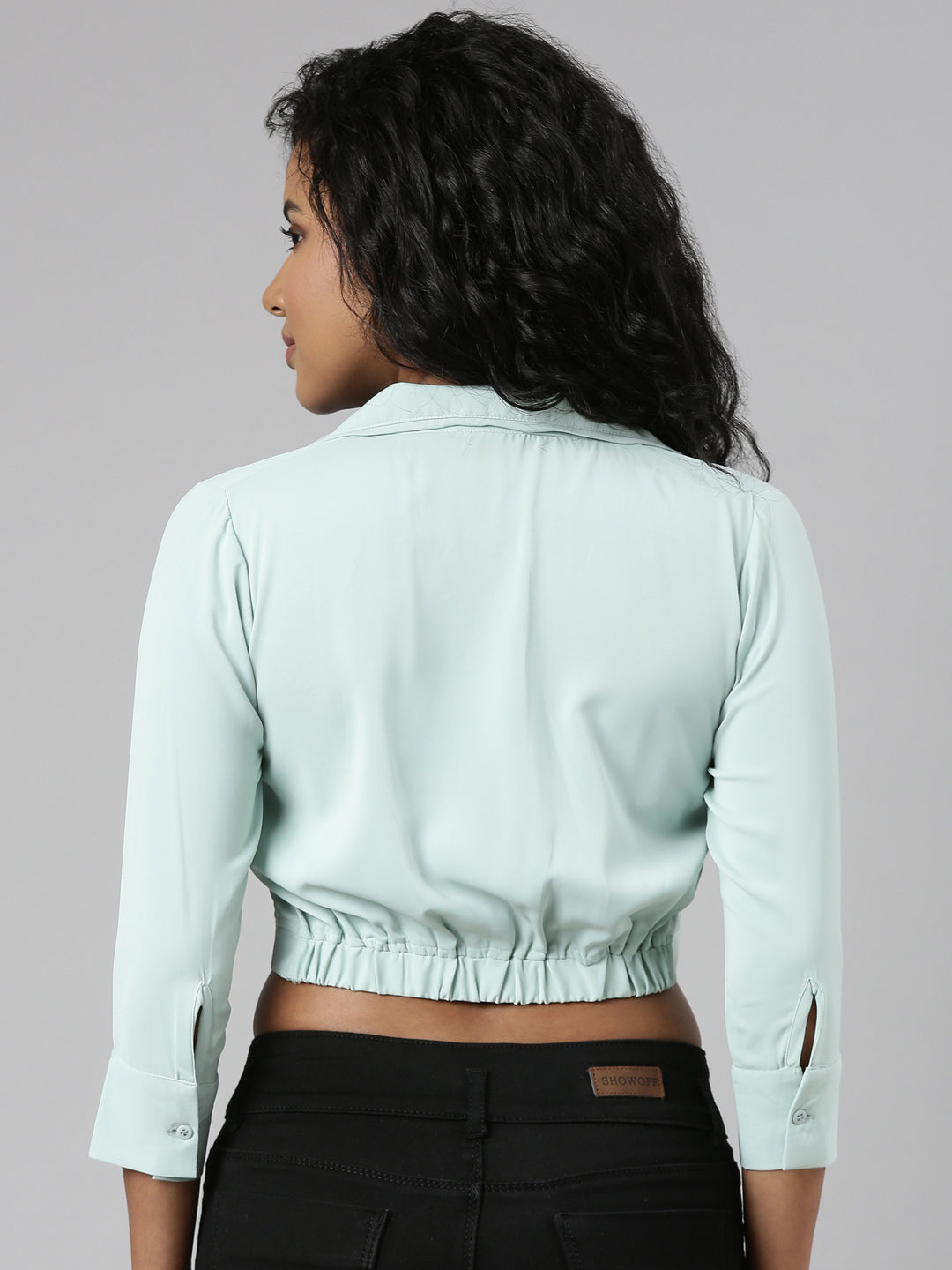 Women Sea Green Solid Blouson Crop Top