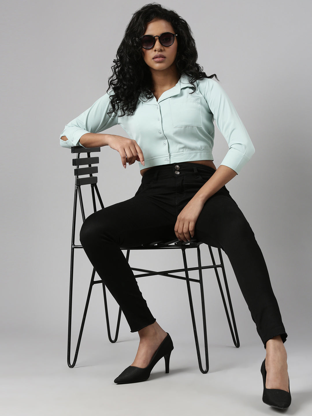 Women Sea Green Solid Blouson Crop Top