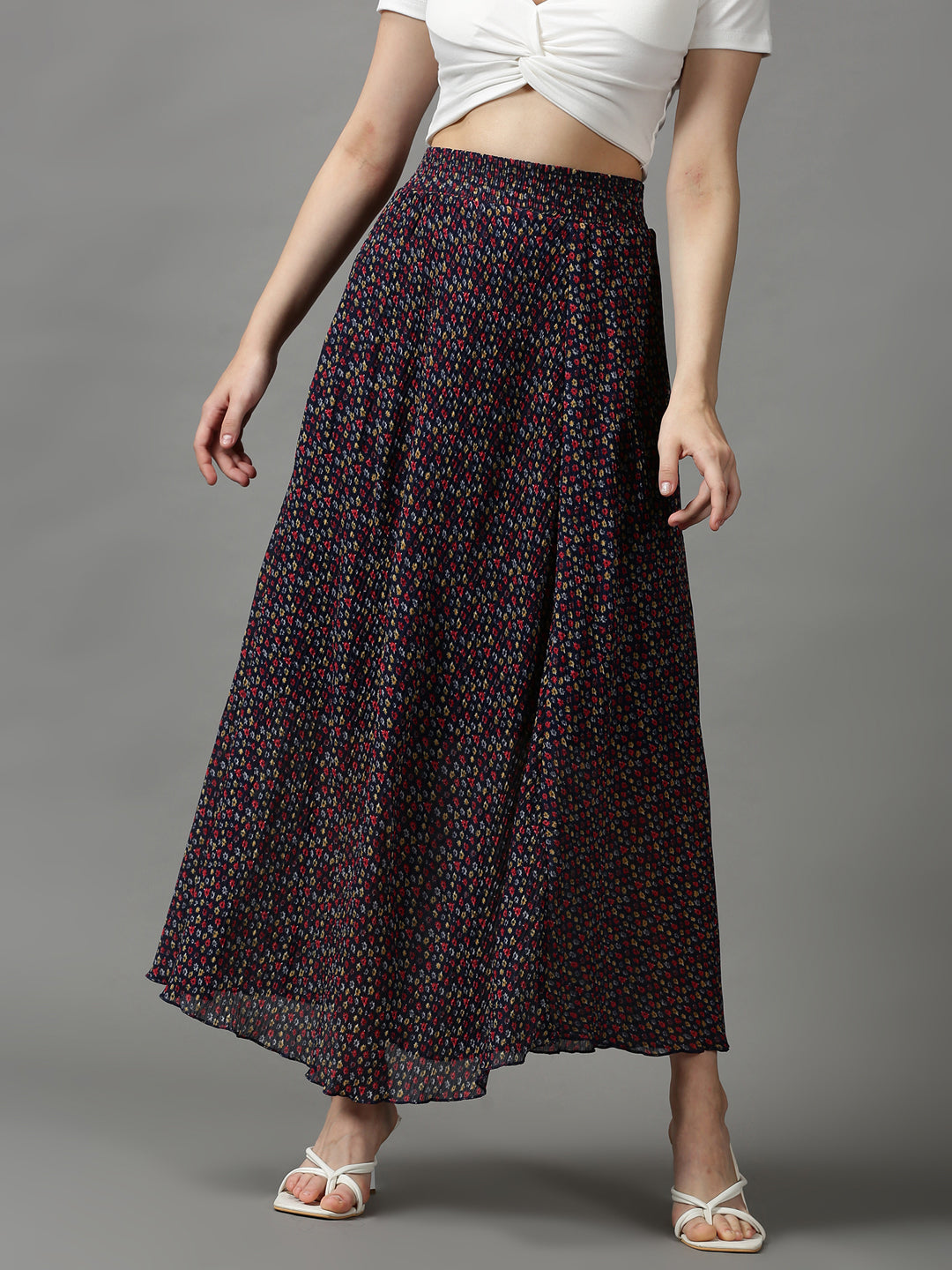 Women Floral Navy Blue Maxi Flared Skirts