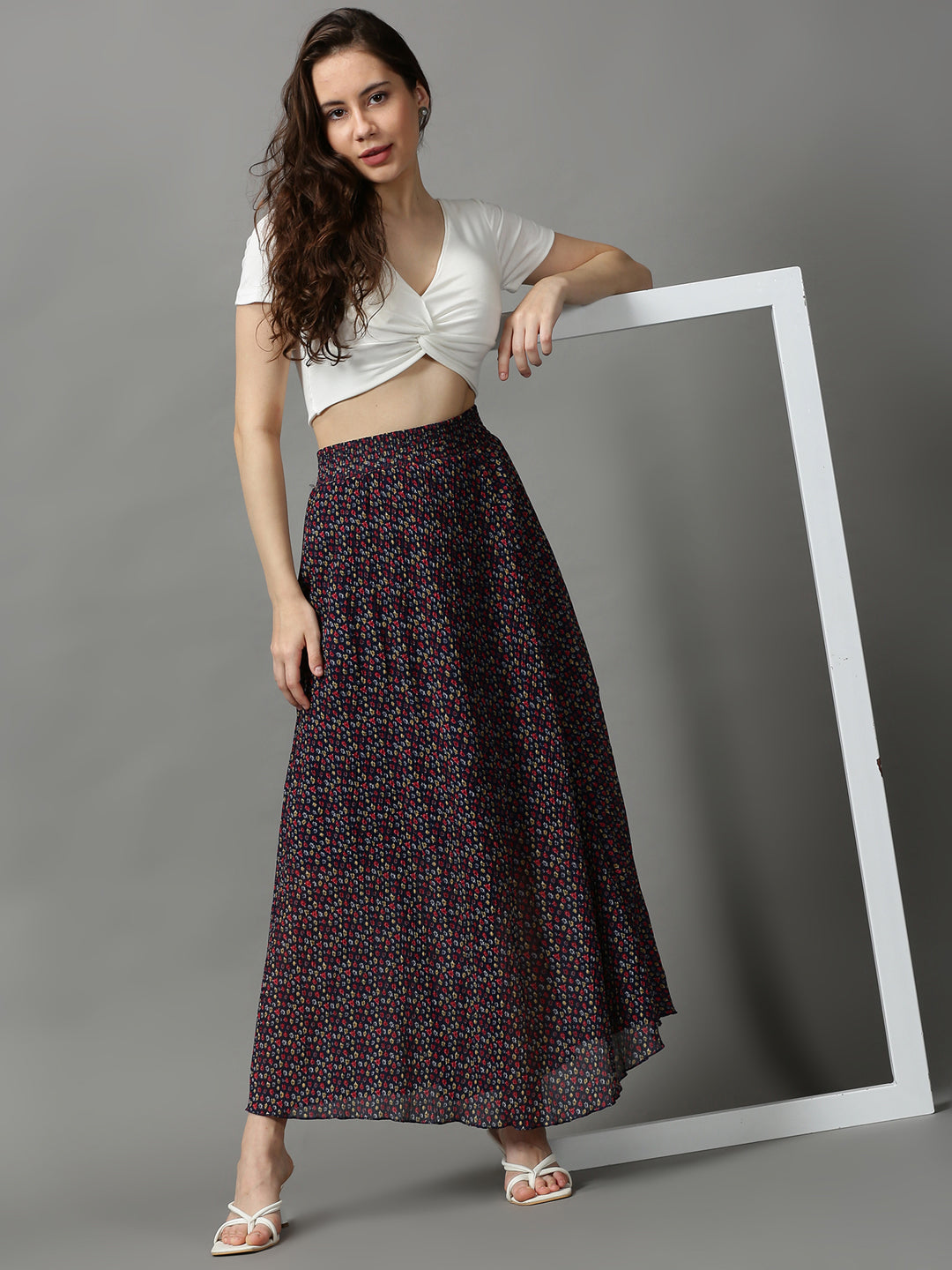 Women Floral Navy Blue Maxi Flared Skirts