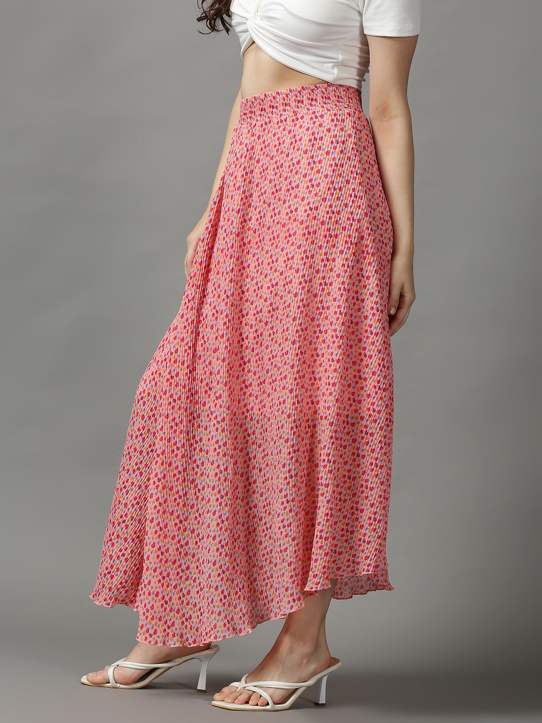 Women Floral Pink Maxi Flared Skirts