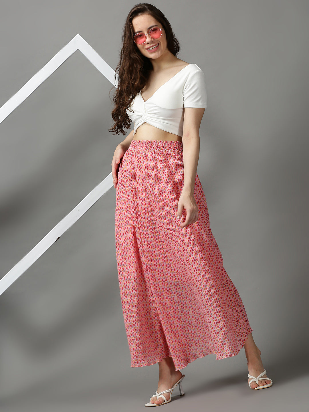 Women Floral Pink Maxi Flared Skirts