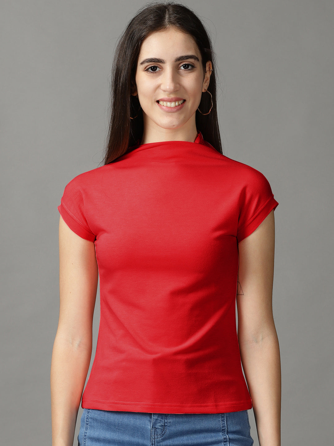 Women Casual Solid Red High Neck Top