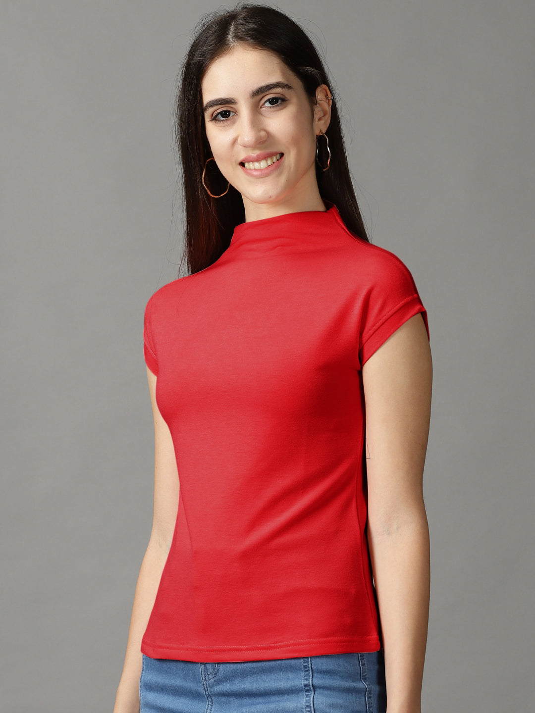 Women Casual Solid Red High Neck Top