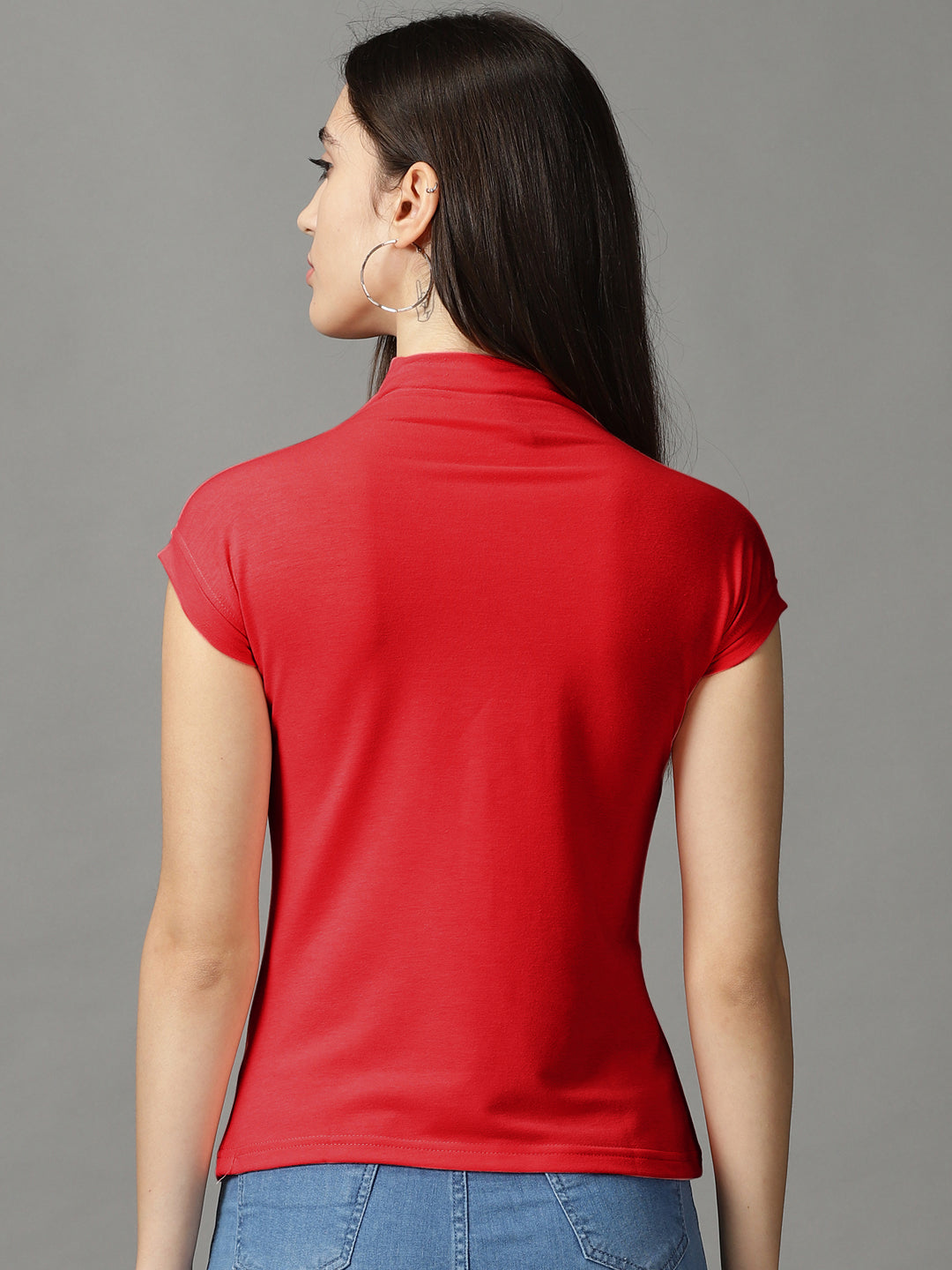 Women Casual Solid Red High Neck Top