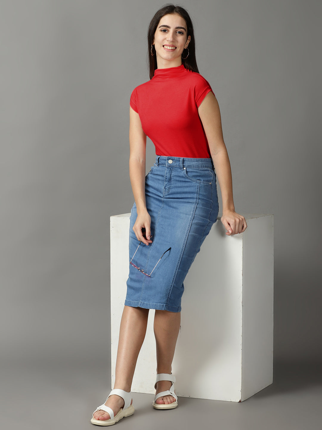 Women Casual Solid Red High Neck Top